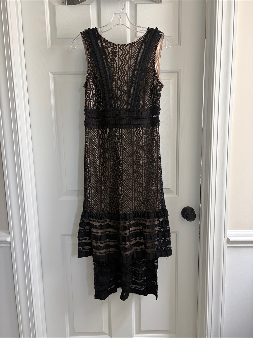 Lulu's Black Lace Midi Dress with Nude Underlay